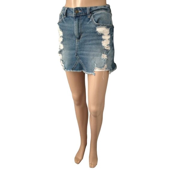Hollister High Rise Denim Jean Skirt 26 Micro Mini Distressed Y2K Elena Gilbert - Picture 5 of 16
